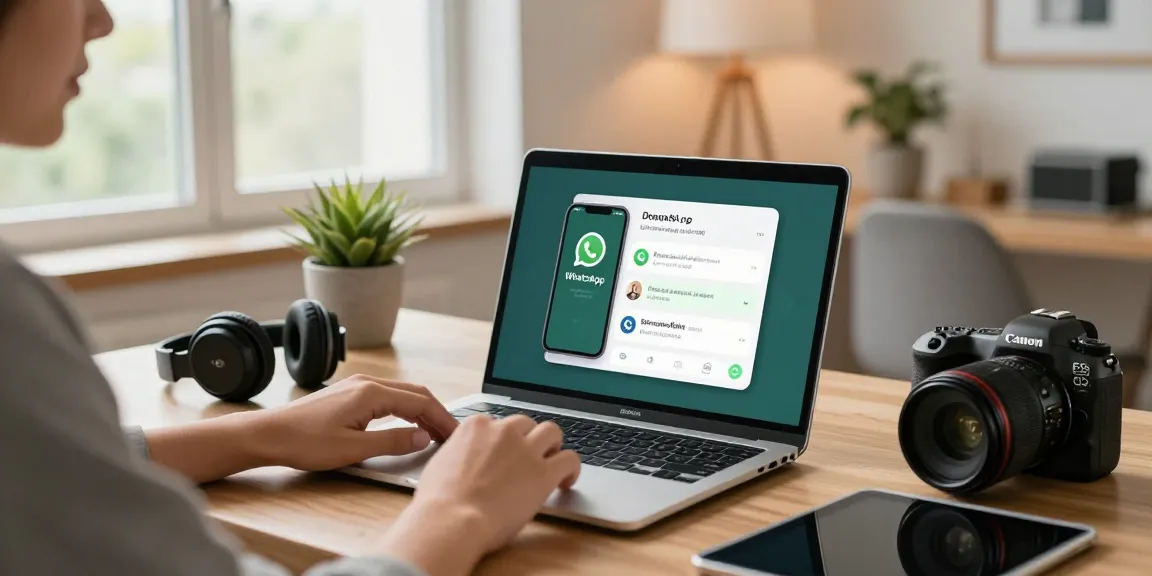 User downloading WhatsApp下載 on a laptop in a modern home office.