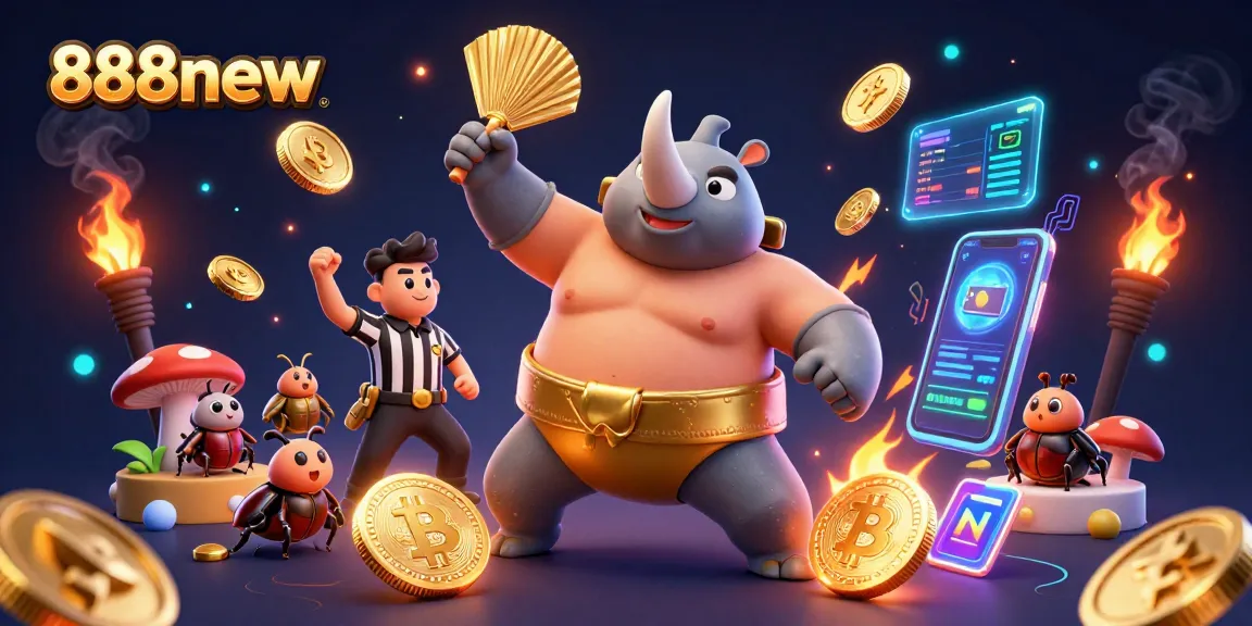 Experience excitement at 888new with a dynamic 3D casino scene featuring a beetle champion.