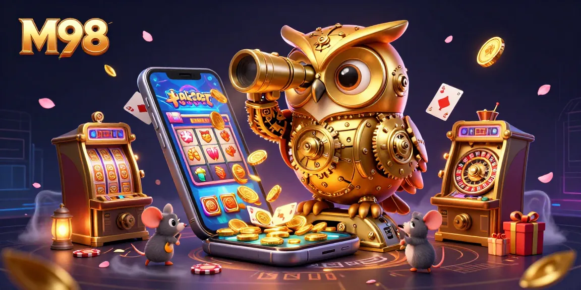 M98 showcases a vibrant casino scene with an owl and game elements enlivening excitement.