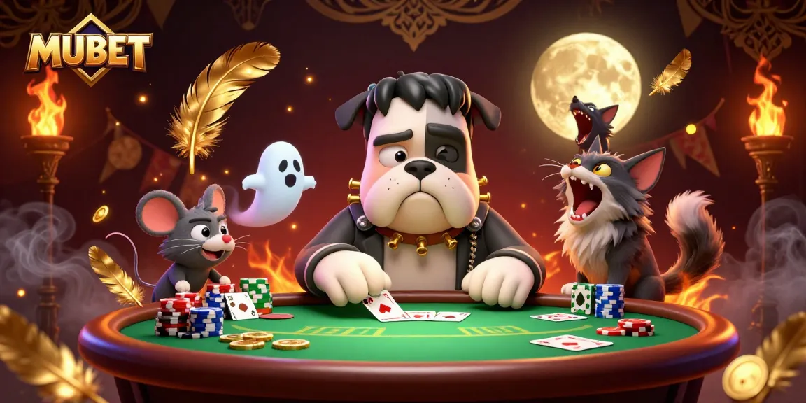 MUBET showcases a lively poker scene with a cartoon Frankenstein bulldog and ghostly mouse.