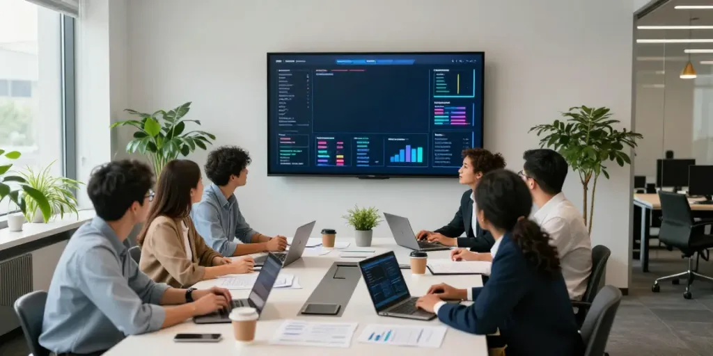 Team collaborating to advertise software to businesses in a modern office.