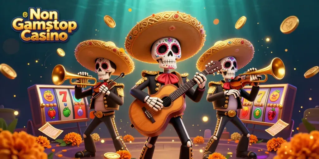 Experience gaming thrills at Non Gamstop Casino with vibrant mariachi characters and dynamic slot elements.