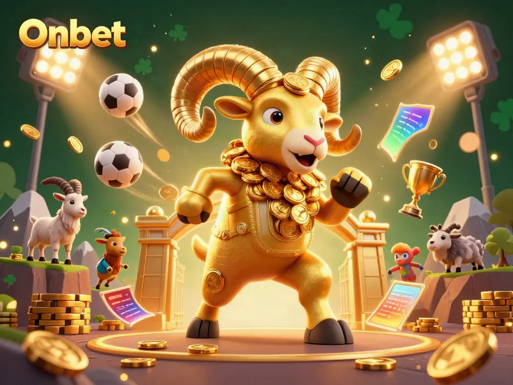 Experience the thrilling action of Onbet with a lively 3D scene featuring a golden ram charging at a shimmering gate.