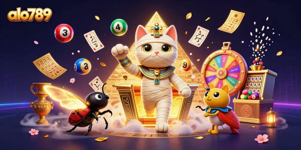 Win big with alo789 in this vibrant 3D illustration featuring a mummy cat and treasures.