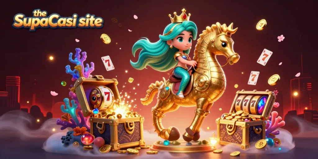 The SupaCasi site illustrates a vibrant scene with a mermaid and seahorse amidst slot game elements.