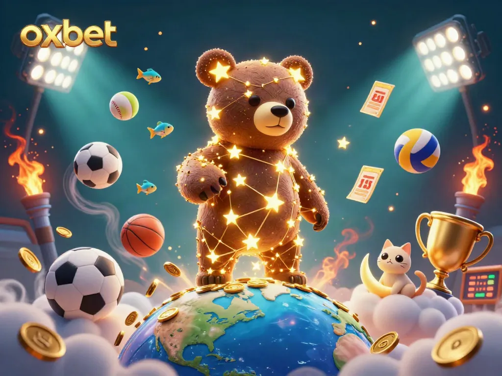 Experience the excitement of gambling with oxbet as the constellation bear scoops up coins amidst vibrant casino elements.