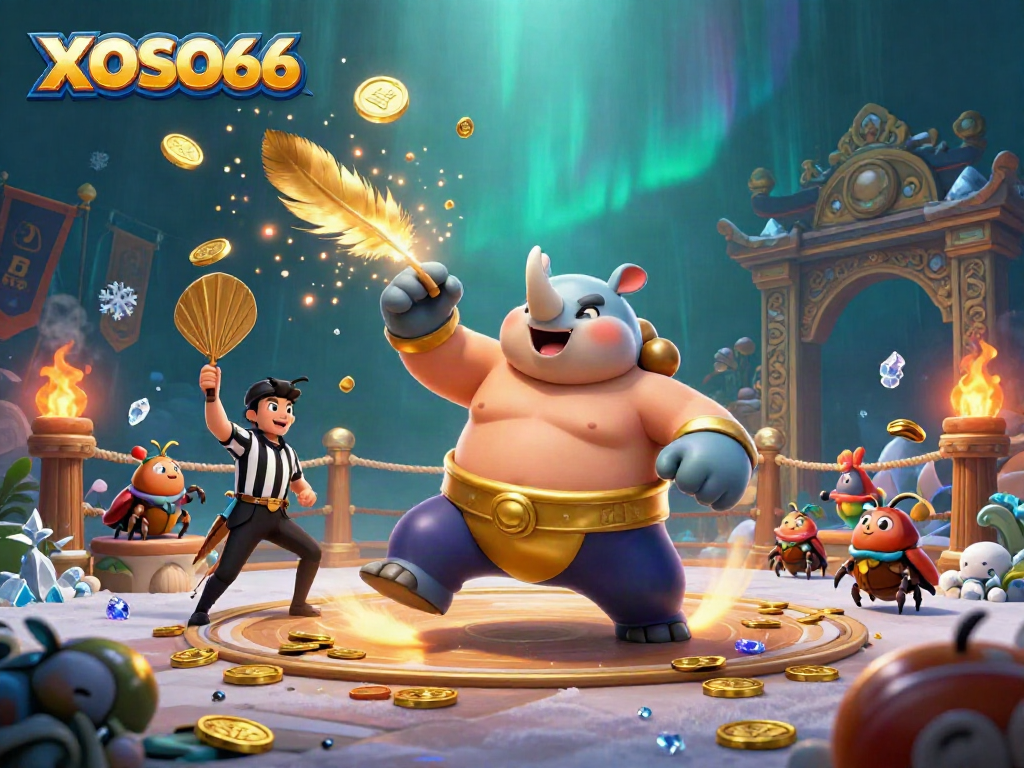 Experience the excitement of XOSO66 slots with a dynamic scene featuring beetle champions and golden coins.