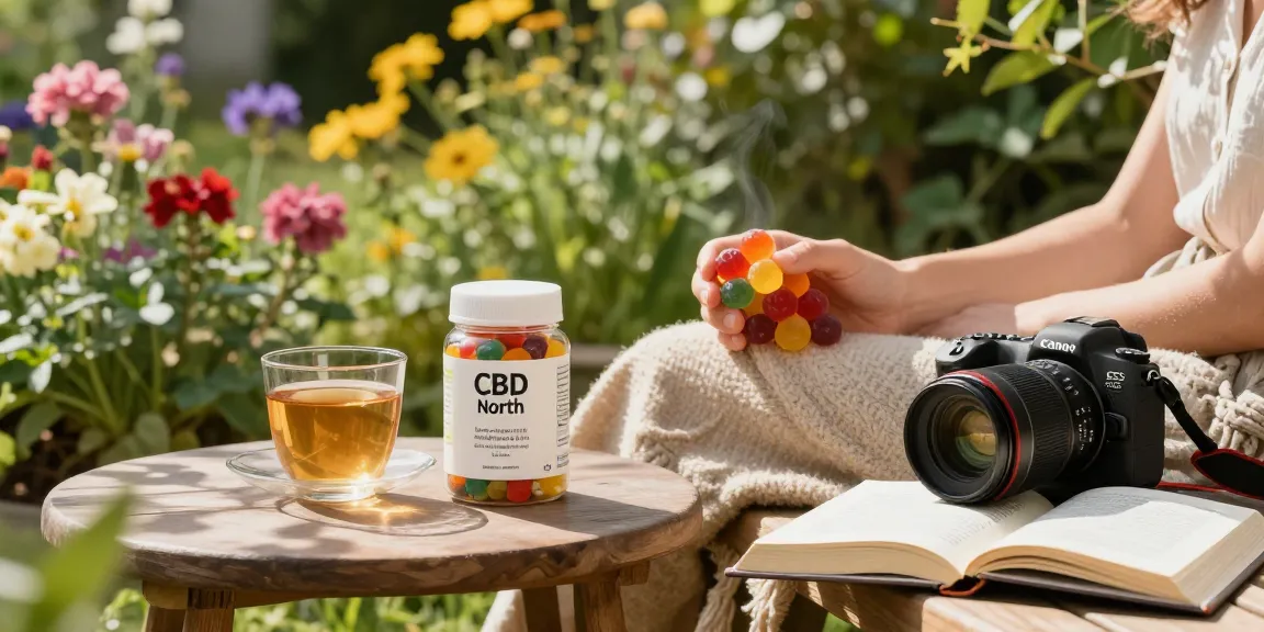 Relaxing garden with person holding CBD North CBD gummies, sunny atmosphere.