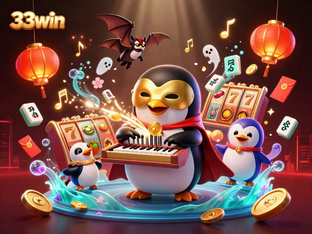 Win big with 33win at this vibrant casino scene featuring animated characters and game symbols.