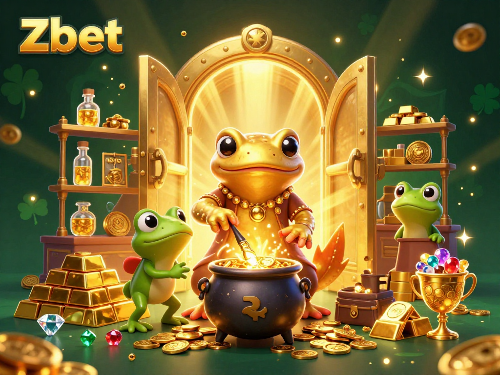 Zbet showcases a magical scene with a golden salamander alchemist creating wealth in a medieval lab filled with treasures.