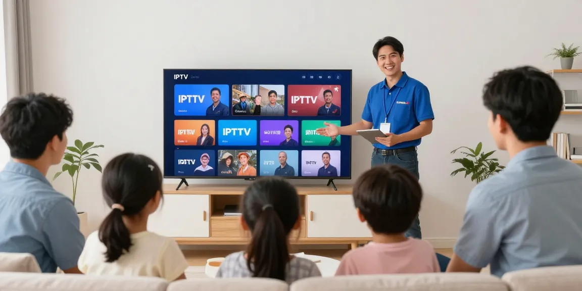 Local IPTV services professional demonstrating IPTV solutions to a satisfied family in a modern home.