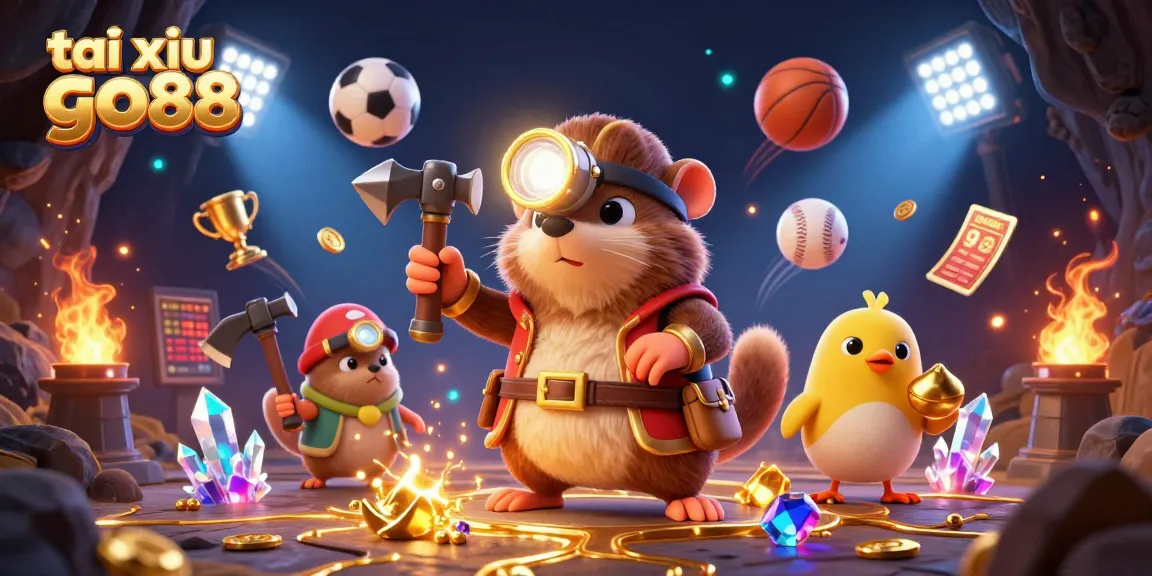 Engage with tai xiu go88 in an adventurous 3D illustration featuring a treasure-hunting mole and dynamic sports elements.