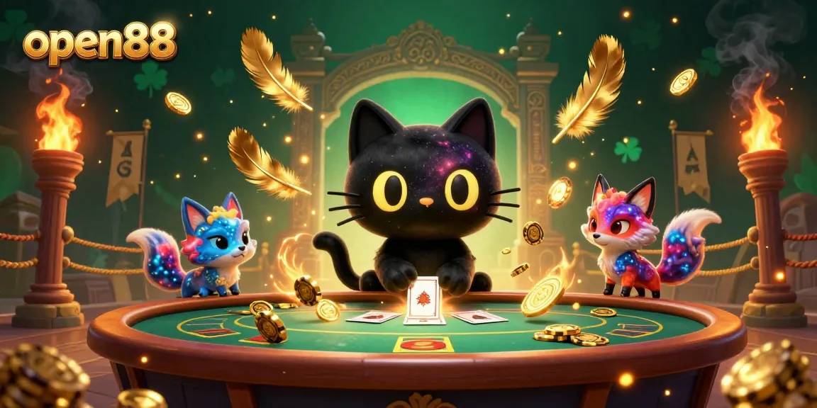 Experience open88's vibrant casino atmosphere with a black hole cat captivating golden chips and cards.