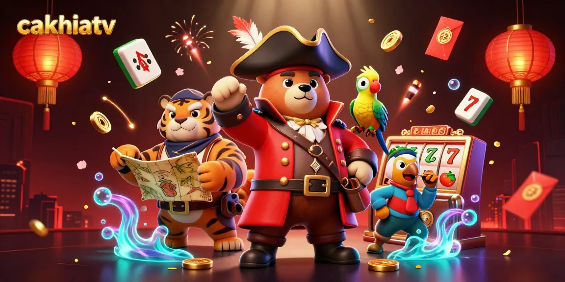 Cakhiatv takes you on a thrilling adventure with a pirate bear and his crew gaming among vibrant slot symbols.