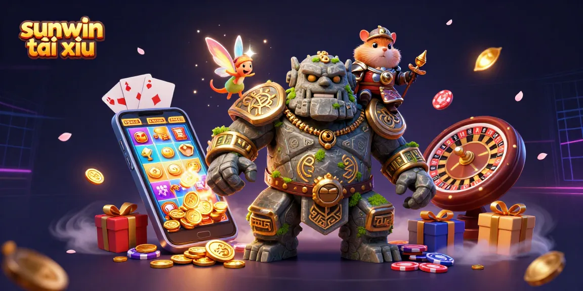 Engaging scene of sunwin tài xỉu featuring a stone golem, fairy, and hamster knight amidst vibrant casino elements.