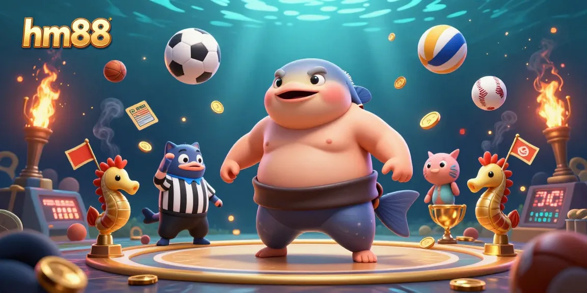 Bet big at hm88 with a vibrant underwater casino scene featuring sports elements and lively characters.
