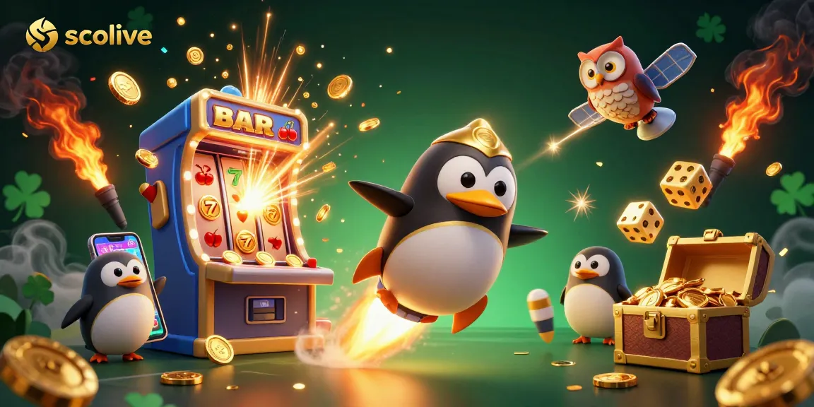Socolive platform showcases a vibrant casino adventure with a golden penguin navigating a jackpot-filled space.