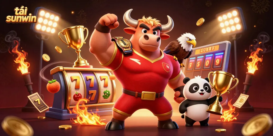 Tải sunwin to play thrilling slot games, featuring a bull mascot, eagle, and panda with rich casino elements.