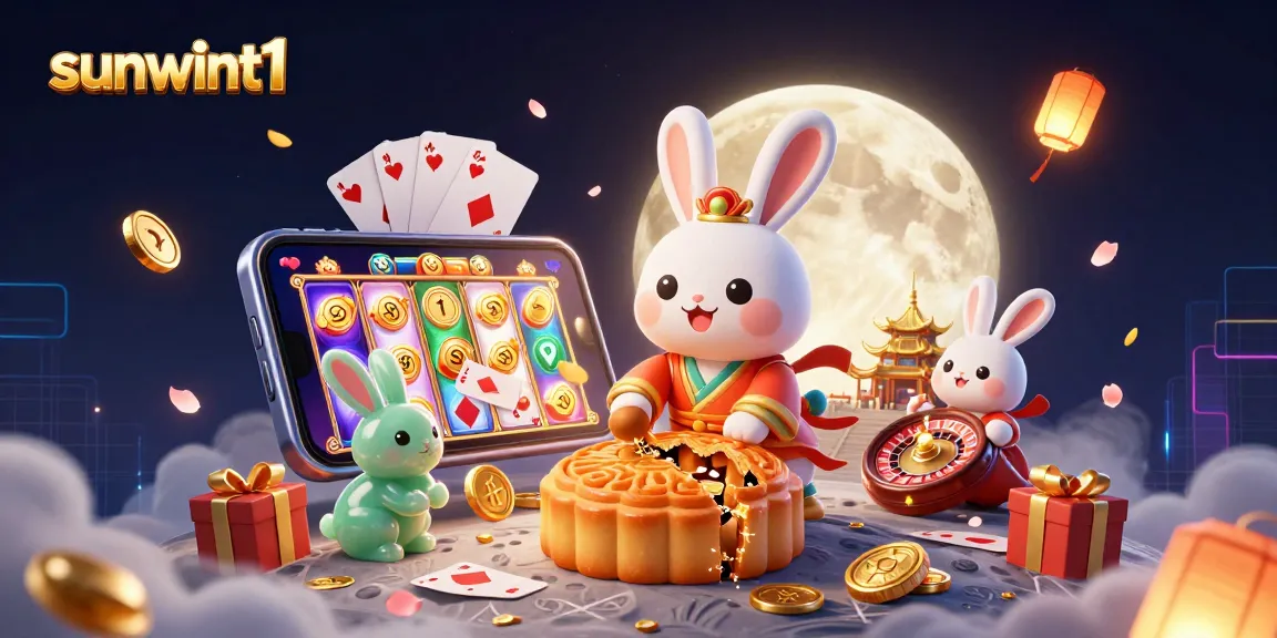 Experience the thrill of Sunwint1 as a moon rabbit unveils poker chips from mooncakes in an enchanting casino scene.