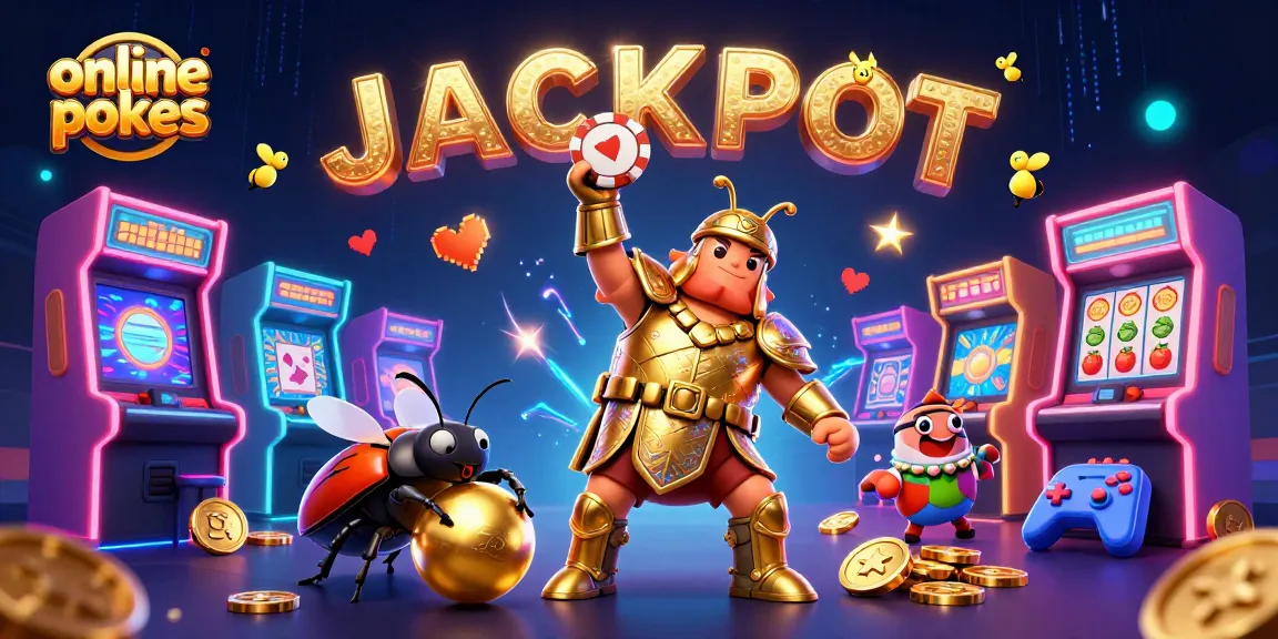 Unleash excitement with online pokies as a cartoon beetle lifts a poker chip, surrounded by vibrant casino elements.