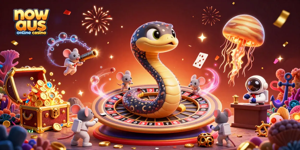 Engaging scene of a new aus online casino where astronaut mice bet on a roulette wheel made of Saturn's rings under a cosmic jellyfish dealer.