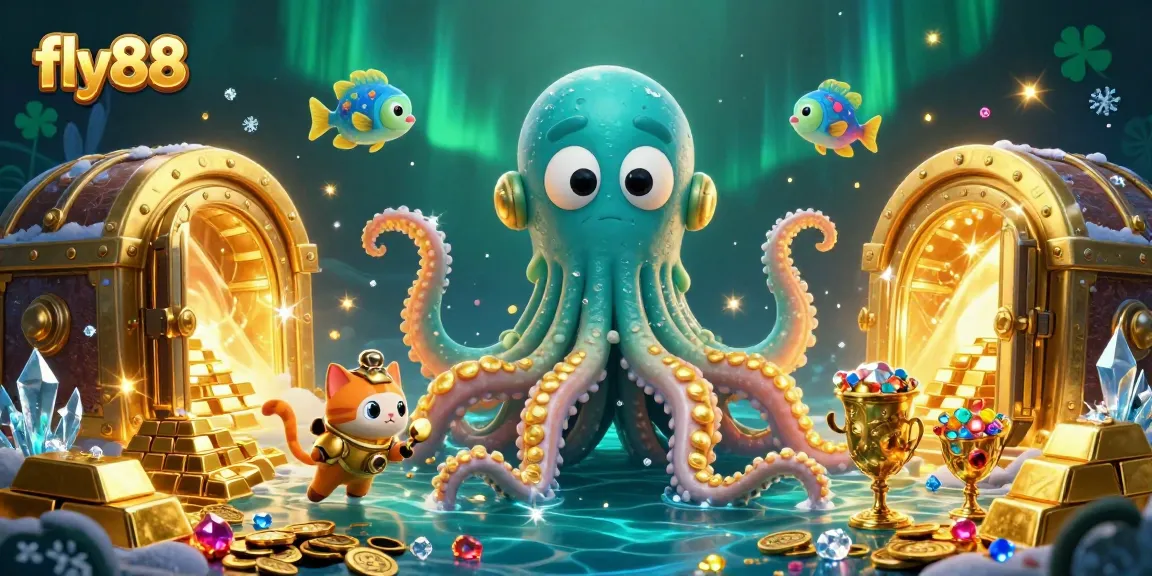 Experience thrilling wins at fly88 with a mythical kraken and diving cat in a vibrant casino scene.