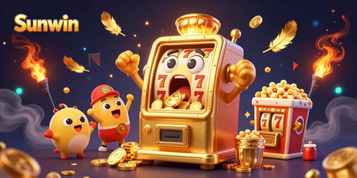 Play and win big at Sunwin with the 3D cartoon golden slot machine celebrating its jackpot victory amid gold coins and excitement!
