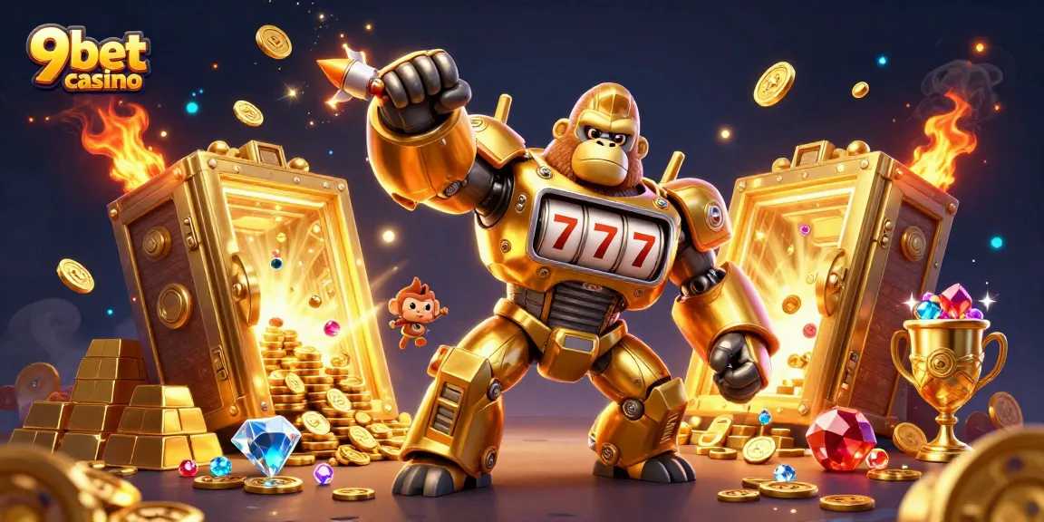 Experience thrilling action at 9bet casino with an explosive golden gorilla mech and dazzling slot elements.