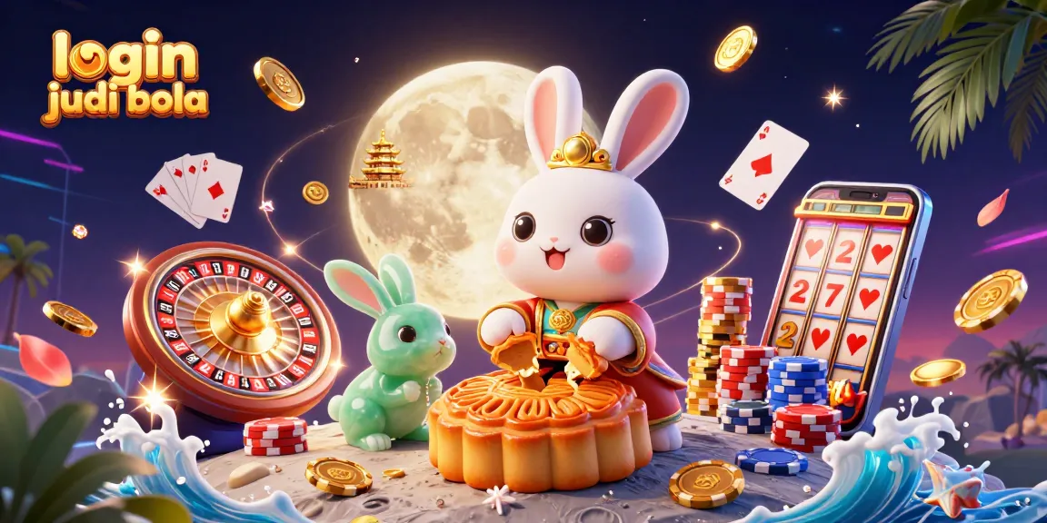 Experience thrilling victory with login judi bola while the moon rabbit celebrates with poker chips and golden coins.