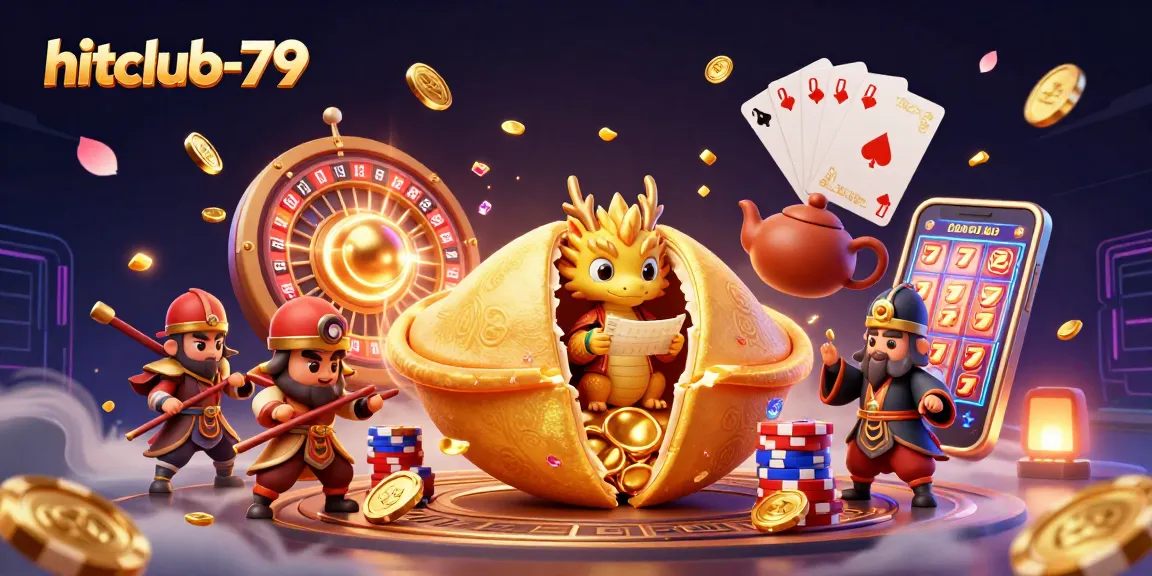 Experience thrilling wins at hitclub-79 with a vibrant casino scene featuring golden elements and lucky charms.