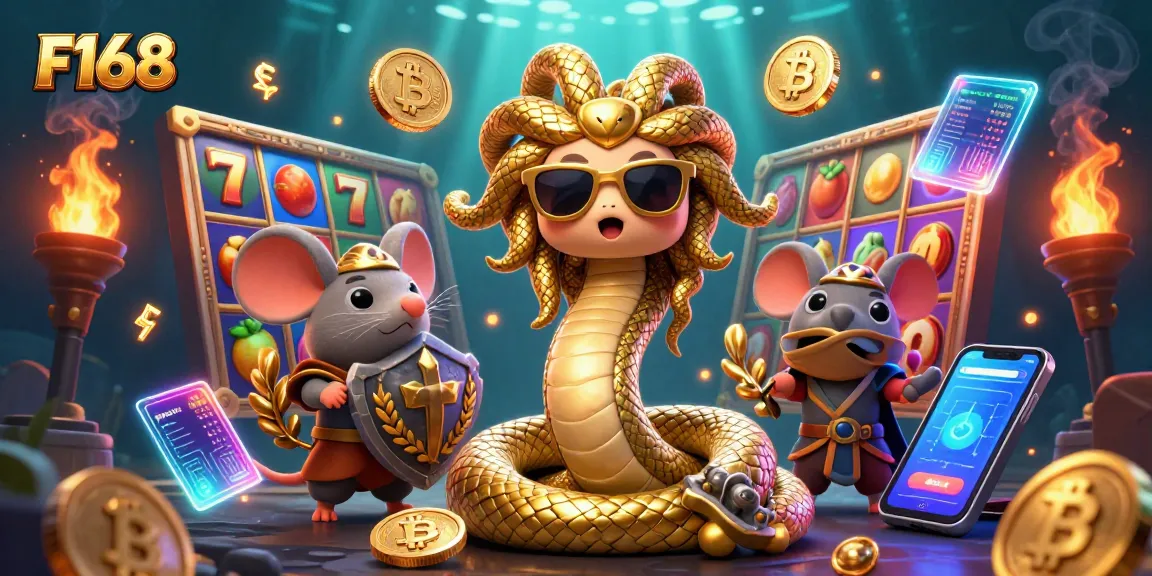 Engage with F168 through exciting slot game visuals featuring a friendly snake-lady and warrior mouse.